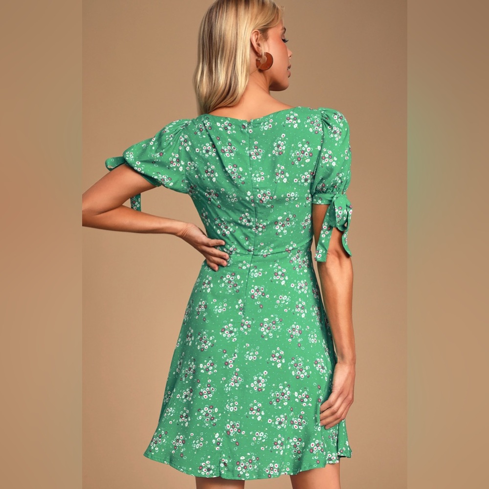 LULUS Camellia Curtsies Green Floral Print Skater Dress - Size S - Picture 2 of 15